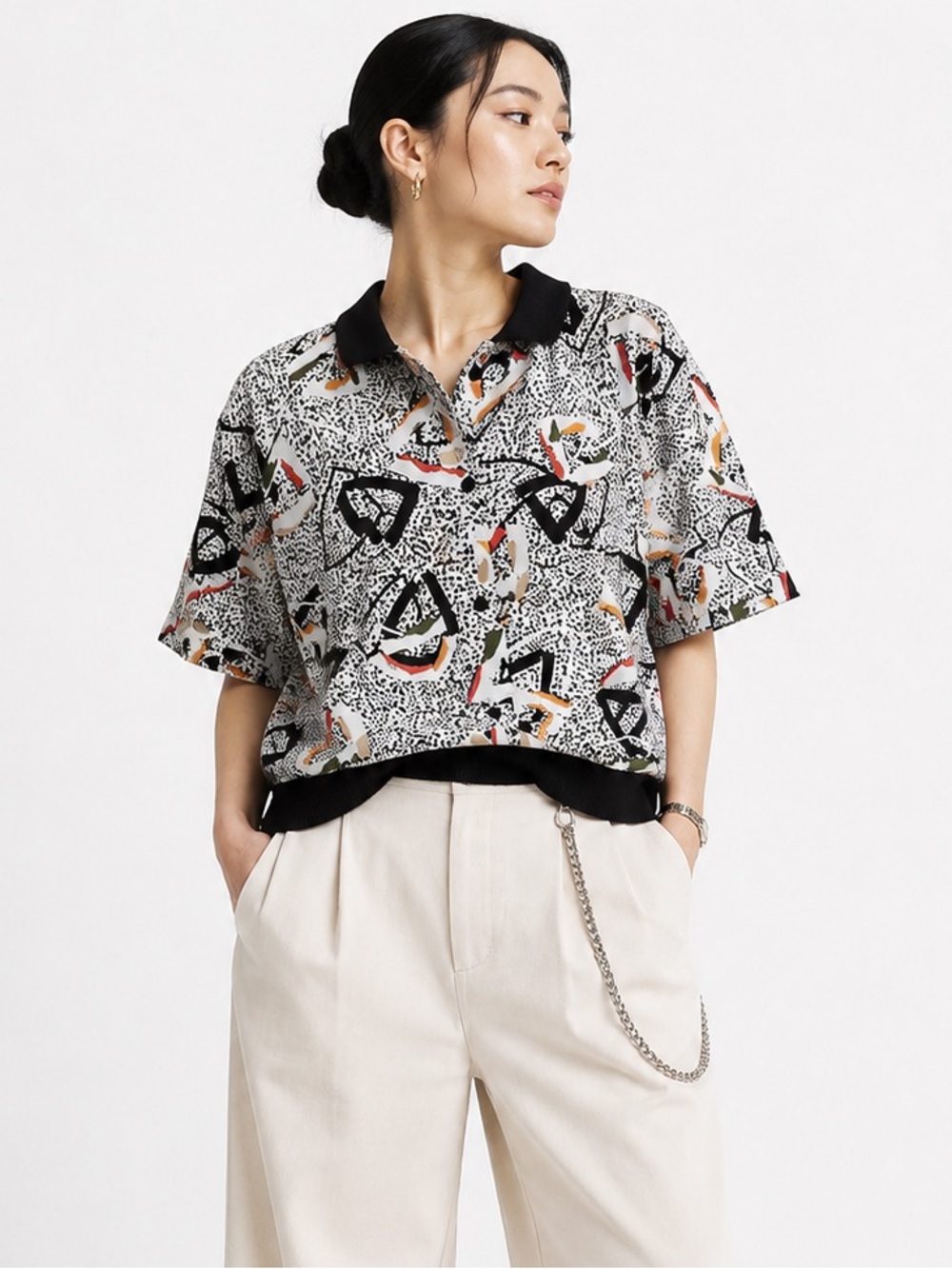 Vintage Lauren Lee Abstract Print Button Front Top Size 14 Made in USA Art